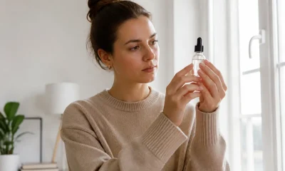Une femme en pull beige tient un flacon pour savoir comment obtenir glass skin chez elle