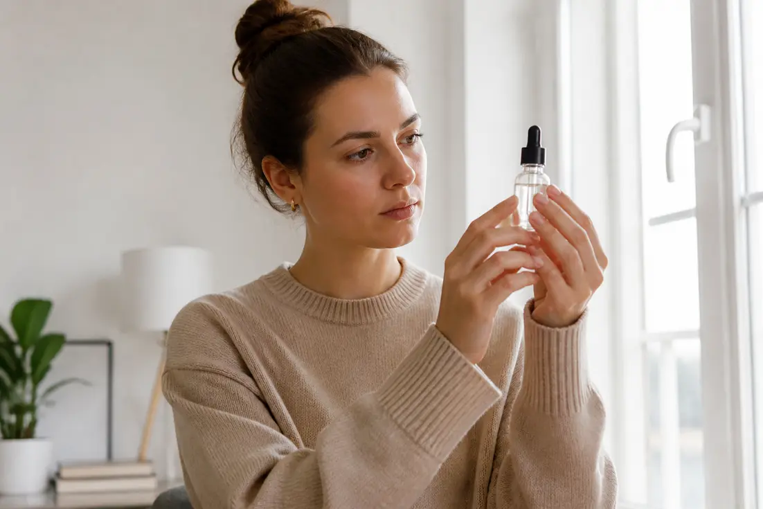 Une femme en pull beige tient un flacon pour savoir comment obtenir glass skin chez elle