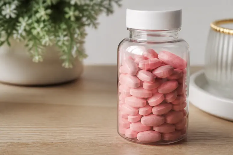 Flacon de compléments alimentaires Hairburst posé sur une surface en bois avec un éclairage naturel
