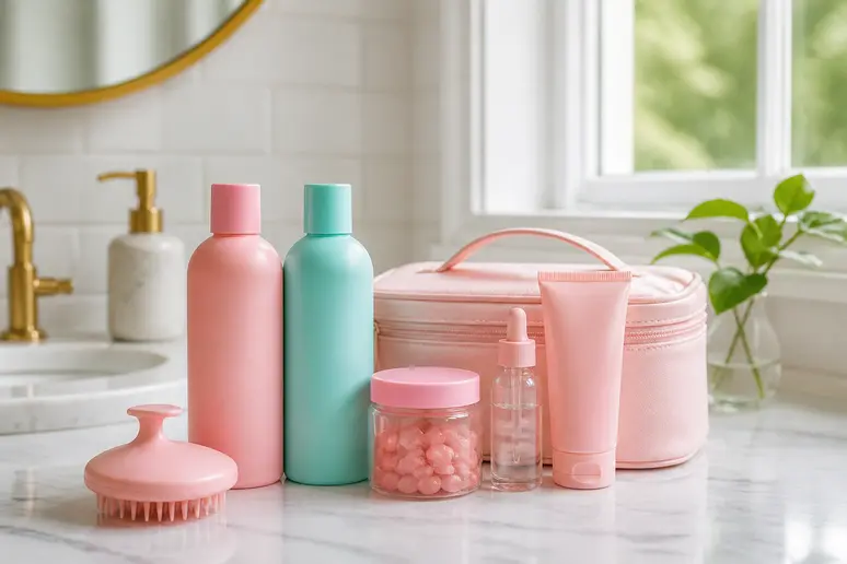 Coffret de routine capillaire Hairburst comprenant shampoing et après-shampoing sur un plan de travail