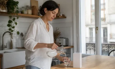Personne préparant un verre d'eau dans une cuisine lumineuse pour illustrer un Kijimea avis syndrome intestin irritable