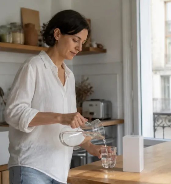 Personne préparant un verre d'eau dans une cuisine lumineuse pour illustrer un Kijimea avis syndrome intestin irritable