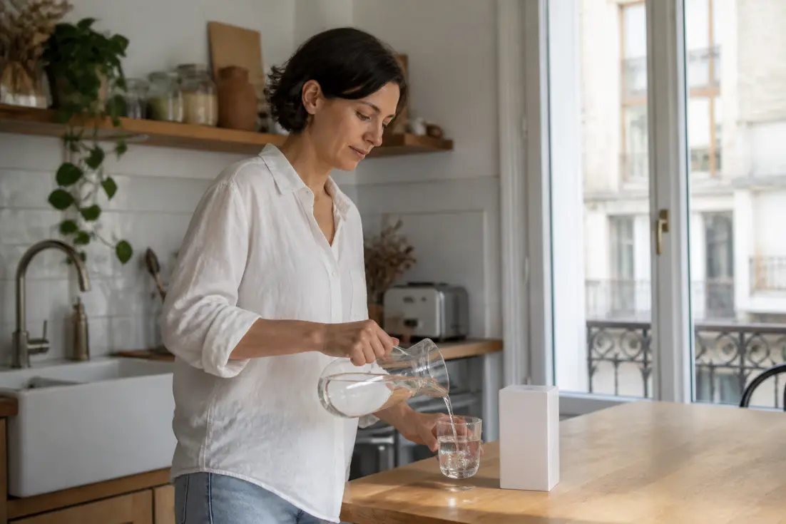Personne préparant un verre d'eau dans une cuisine lumineuse pour illustrer un Kijimea avis syndrome intestin irritable