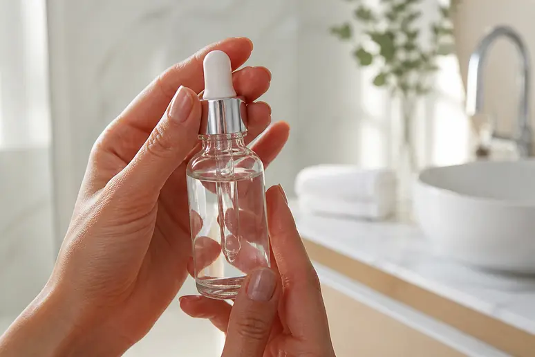Flacon compte-gouttes de sérum densifiant Lazartigue posé sur une surface claire en bois