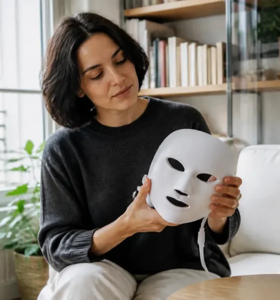 Une femme tient délicatement un masque Current Body rides dans son salon lumineux à Paris.