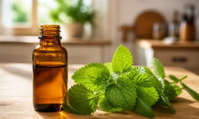 Flacon en verre d'extrait de mélisse peau sensible posé sur une table en bois avec des feuilles.