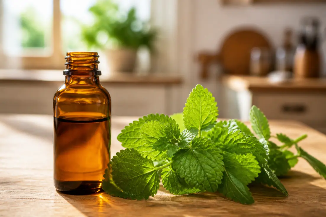 Flacon en verre d'extrait de mélisse peau sensible posé sur une table en bois avec des feuilles.