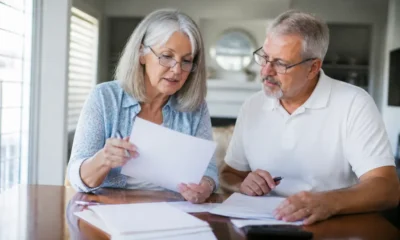 Un couple de seniors examine des documents administratifs pour choisir une mutuelle après 60 ans à domicile.