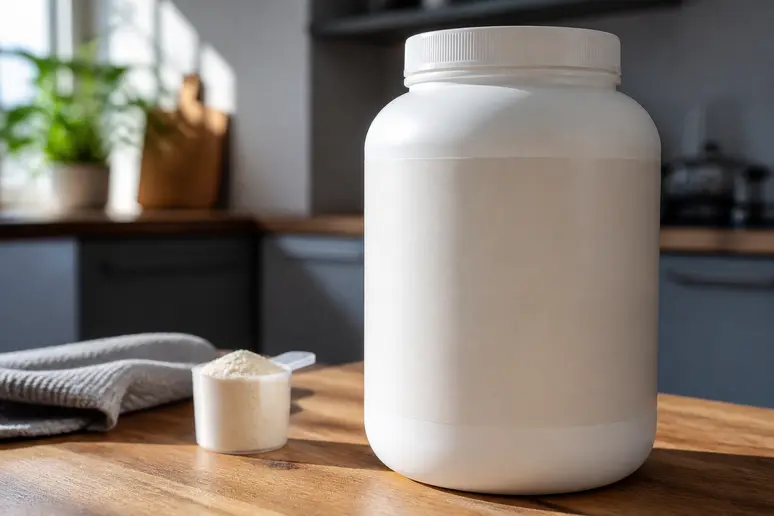 Pot de whey isolate native Nutripure posé sur un plan de travail avec une cuillère doseuse
