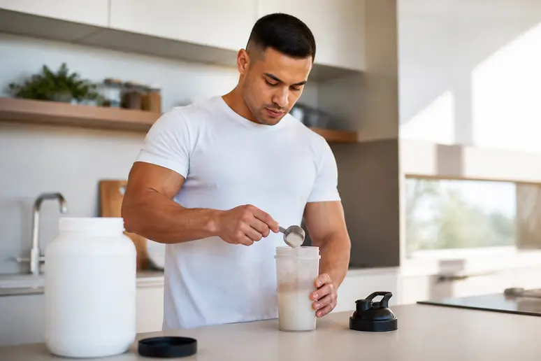 Préparation d'un shaker de protéines Nutripure dans une cuisine lumineuse
