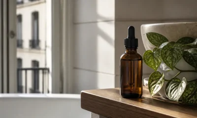 Flacon de sérum capillaire sur une étagère en bois avec Oma and me avis