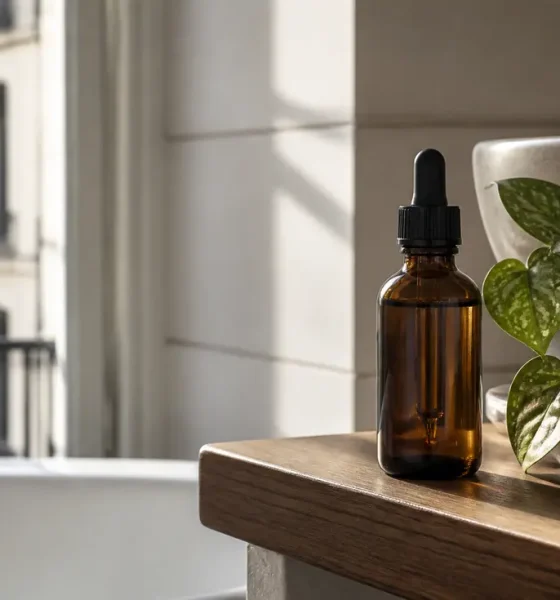 Flacon de sérum capillaire sur une étagère en bois avec Oma and me avis