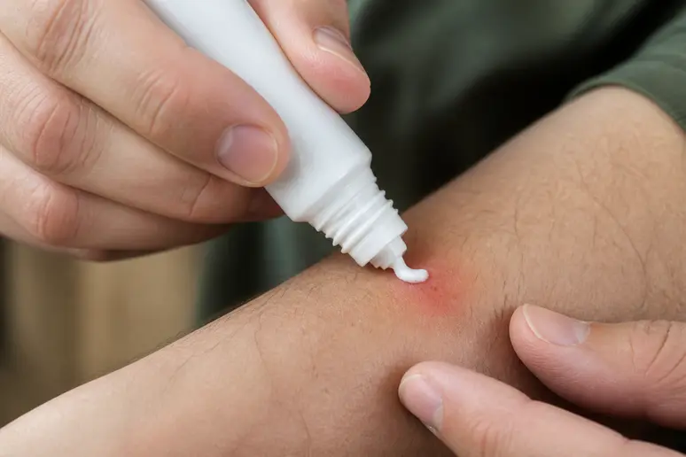 Application d'une crème apaisante de pharmacie sur une piqûre de moustique pour calmer le prurit.