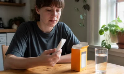 Un flacon de piqûre de moustique remède posé sur une table en bois avec du bicarbonate