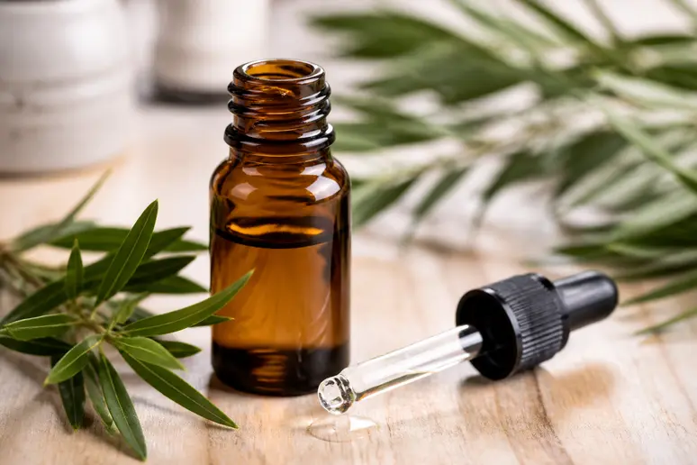 Flacon d'huile essentielle de tea tree utilisé comme remède naturel contre les poils incarnés