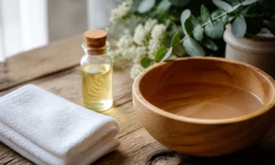serviette propre et flacon d'huile pour un poil incarné remède naturel