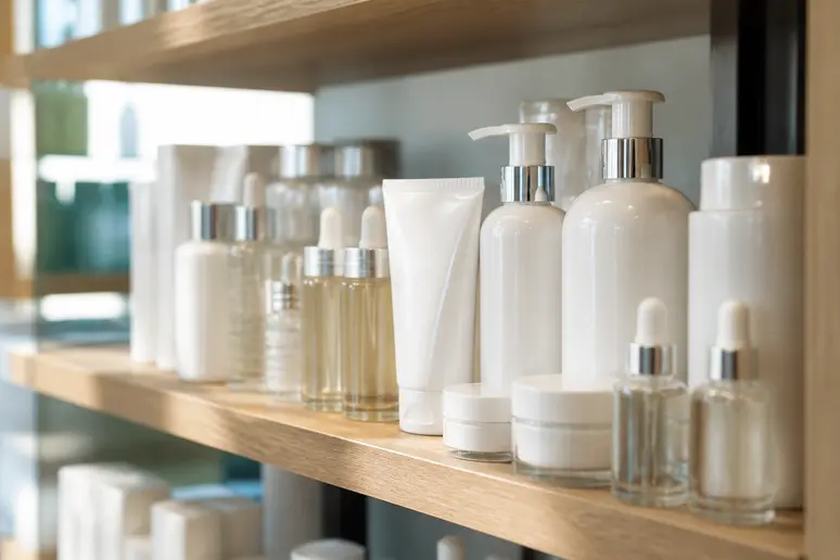 Flacons de dermo-cosmétique et soins d'hygiène alignés sur une étagère pour illustrer un avis Powersanté.