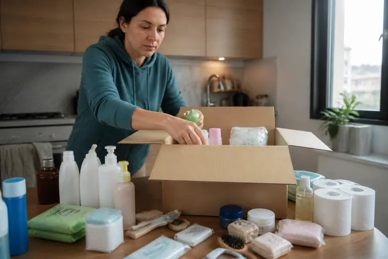 Panier de produits de parapharmacie regroupés pour optimiser les achats en ligne selon les besoins du foyer.