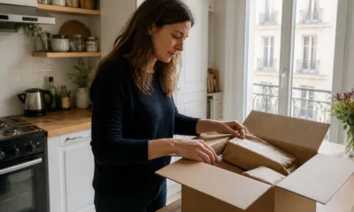 Une cliente ouvre un colis de commande en ligne pour consulter ses Powersanté avis chez elle