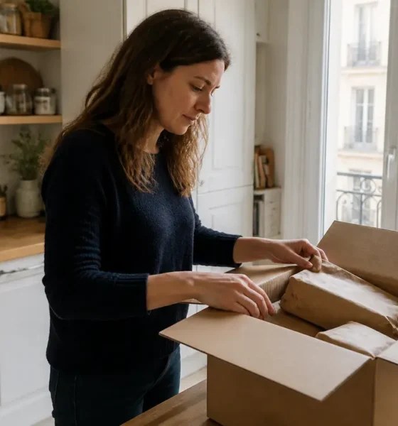 Une cliente ouvre un colis de commande en ligne pour consulter ses Powersanté avis chez elle
