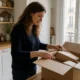Une cliente ouvre un colis de commande en ligne pour consulter ses Powersanté avis chez elle