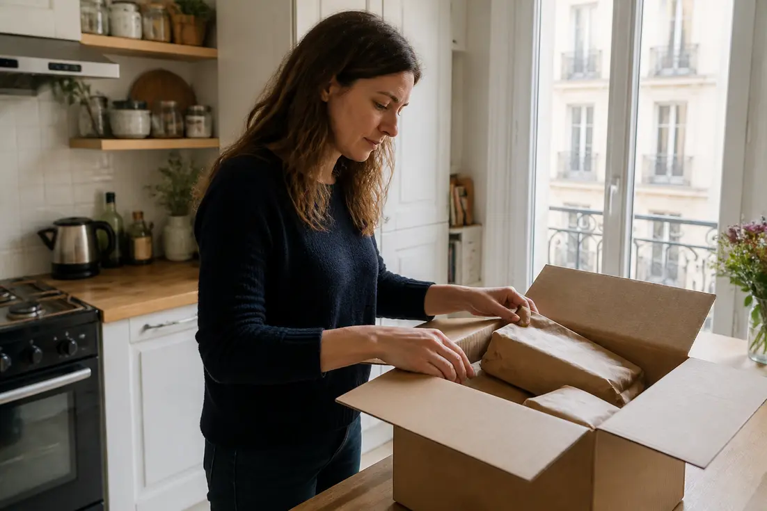Une cliente ouvre un colis de commande en ligne pour consulter ses Powersanté avis chez elle