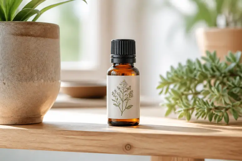 Flacon d'huile essentielle de cinnamomum camphora ct cinéole posé sur une étagère en bois.