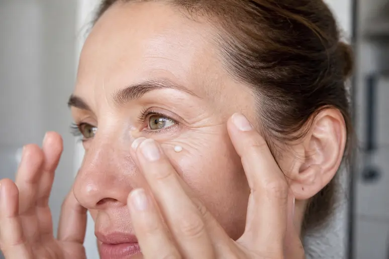 Application d'une goutte de crème contour des yeux pour atténuer les cernes et poches